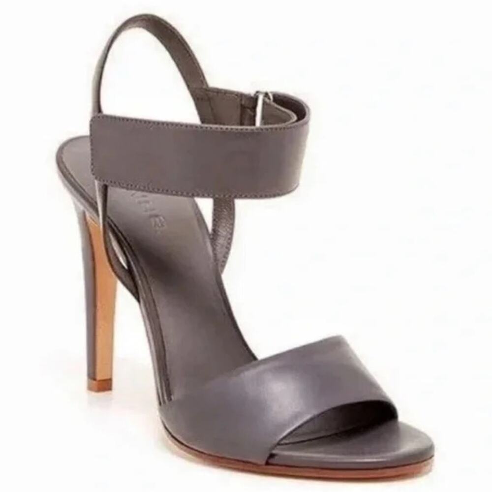 Vince Dark Gray Soft Leather Ankle Strap Open Toe Heels Size 5.5